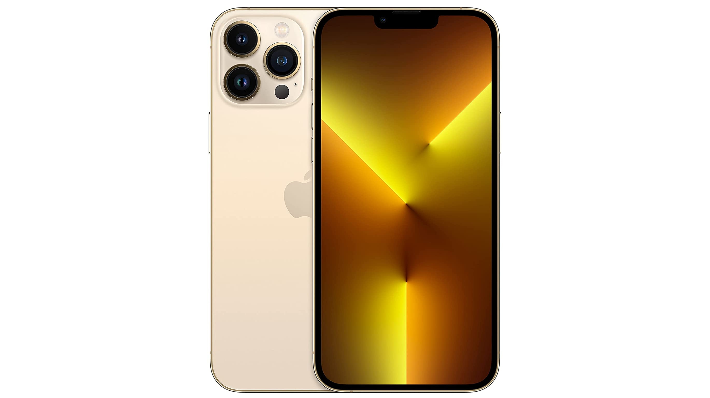 An iPhone 13 Pro Max in gold, against a white background