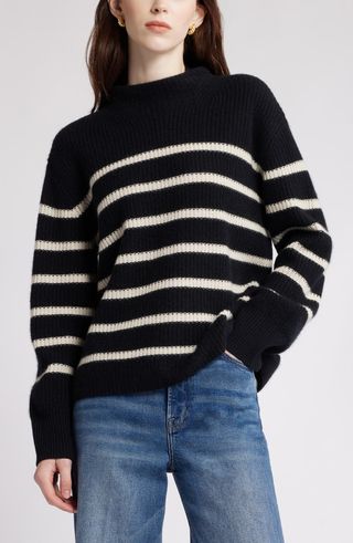 Stripe Cashmere Mock Neck Sweater