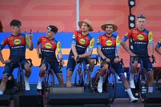 Tim Torn Teutenberg, Juan Pedro Lopez, Bauke Mollema, Jacopo Mosca, Albert Withen Philipsen and Team Lidl-Trek during the team presentation prior to the 25th Santos Tour Down Under 2025 