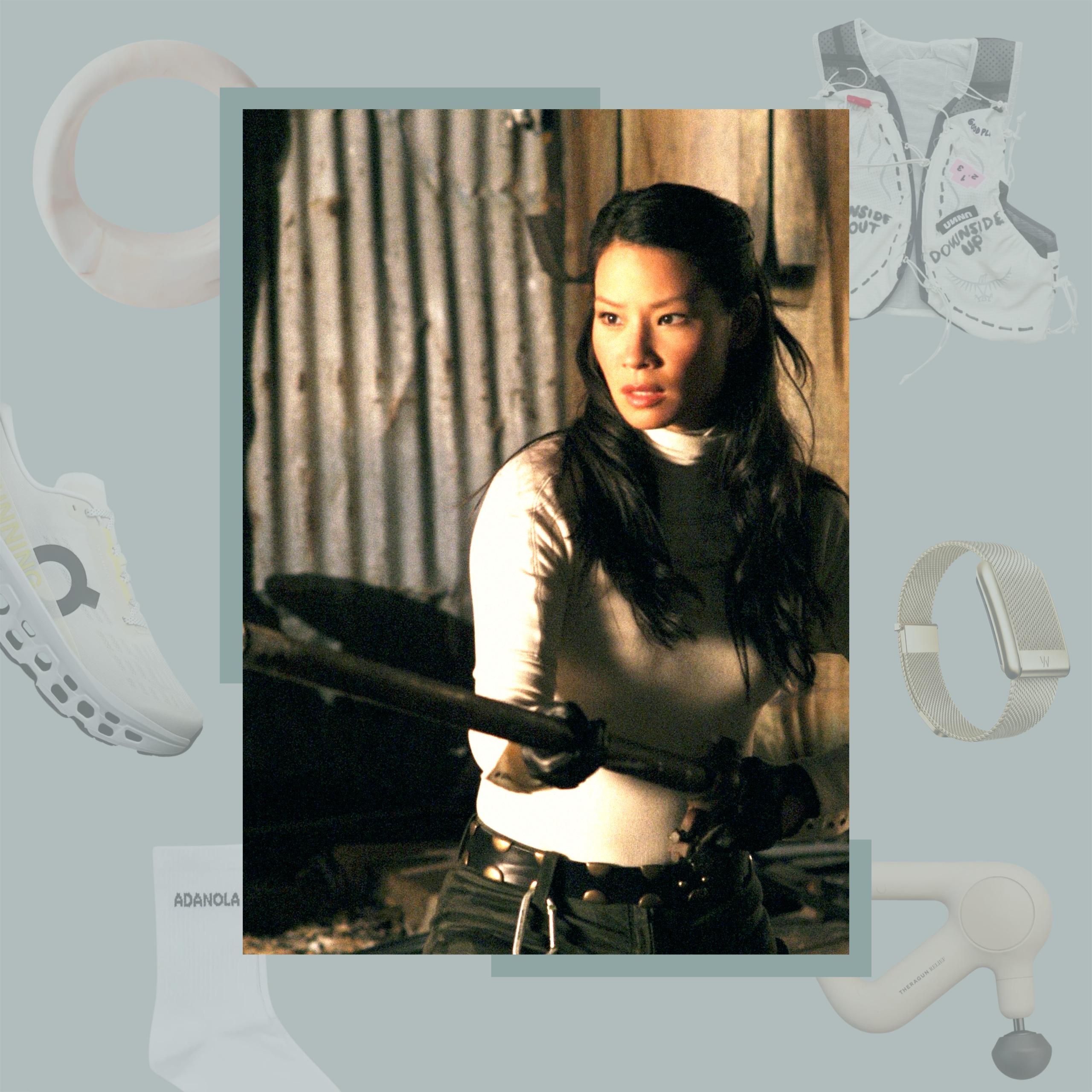 image of Lucy Liu in Charlie's Angels with gift guide products around it