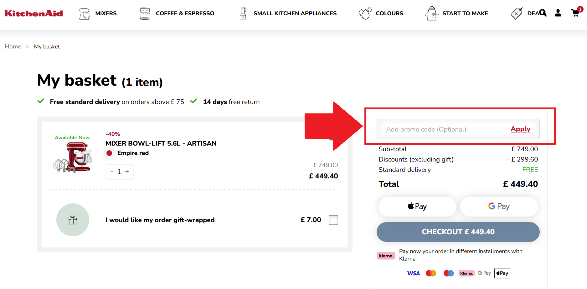 A screenshot of the kitchenaid checkout page showing where to enter your kitchenaid discount code