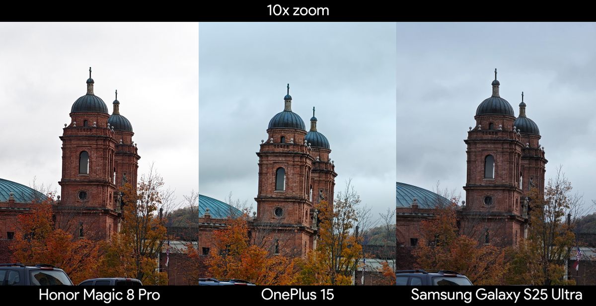 Comparing 10x zoom between the Honor Magic 8 Pro, OnePlus 15, and Samsung Galaxy S25 Ultra