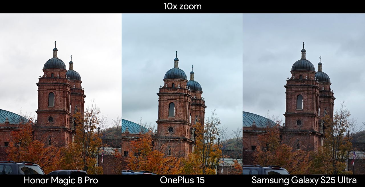 Comparing 10x zoom between the Honor Magic 8 Pro, OnePlus 15, and Samsung Galaxy S25 Ultra