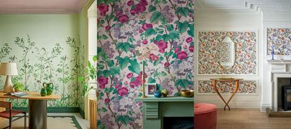 Trailing florals wallpaper trend. Green floral wallpaper in a colorful home office. Close up of floral wallpaper and green fireplace. White living room with wallpaper framed panels.