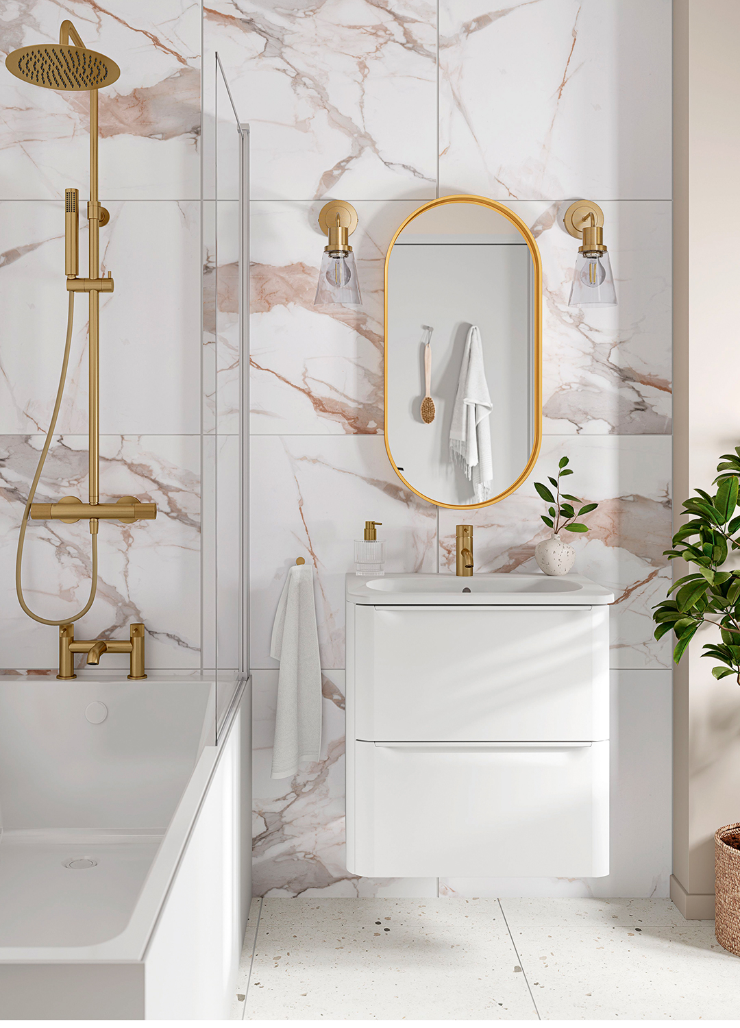 Marble bathroom with gold taps and accessories