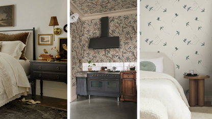 a set of three interiors. The first is a rustic bedroom with a nightstand decorated with charming decor details including books, flowers, and bird objects. The second is a kitchen with bird and floral wallpaper on the walls and ceiling. The third is a bedroom with flying bird wallpaper, a small side table, and a white bed