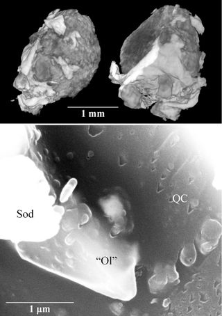 An X-ray tomography image of the whole mineral grain (top) where the quasicrystal was found (shown in a scanning electron micrograph image in the bottom panel).