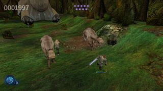 Still from the video game 'Star Wars: Episode I: Jedi Power Battles.' Two humanoids running through a forest away from a huge tank-like ship chasing them. There are also two large quadruped creatures also fleeing the vehicle.