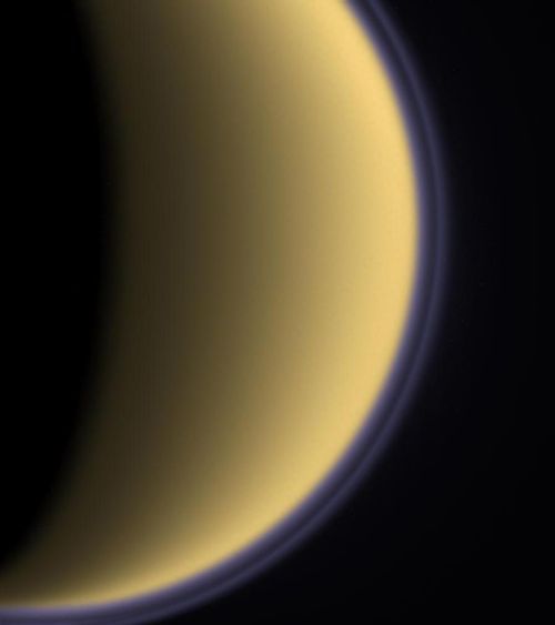 The atmosphere of Titan can be seen on the Saturn moon&#039;s limb in this stunning view from NASA&#039;s Cassini spacecraft.