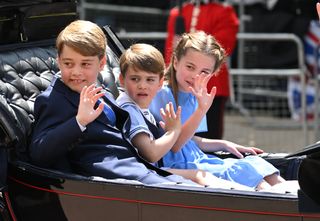 Prince George, Prince Louis and Princess Charlotte during Trooping the Colour on June 02, 2022 in London, England.