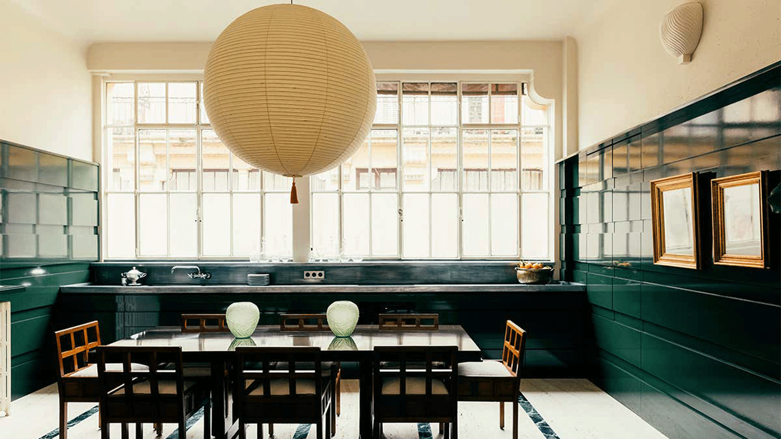 Kitchen with oversized paper pendant