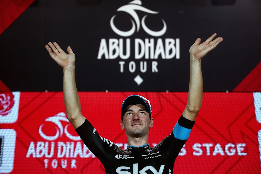 Elia Viviani on the stage 4 podium at the Abu Dhabi Tour
