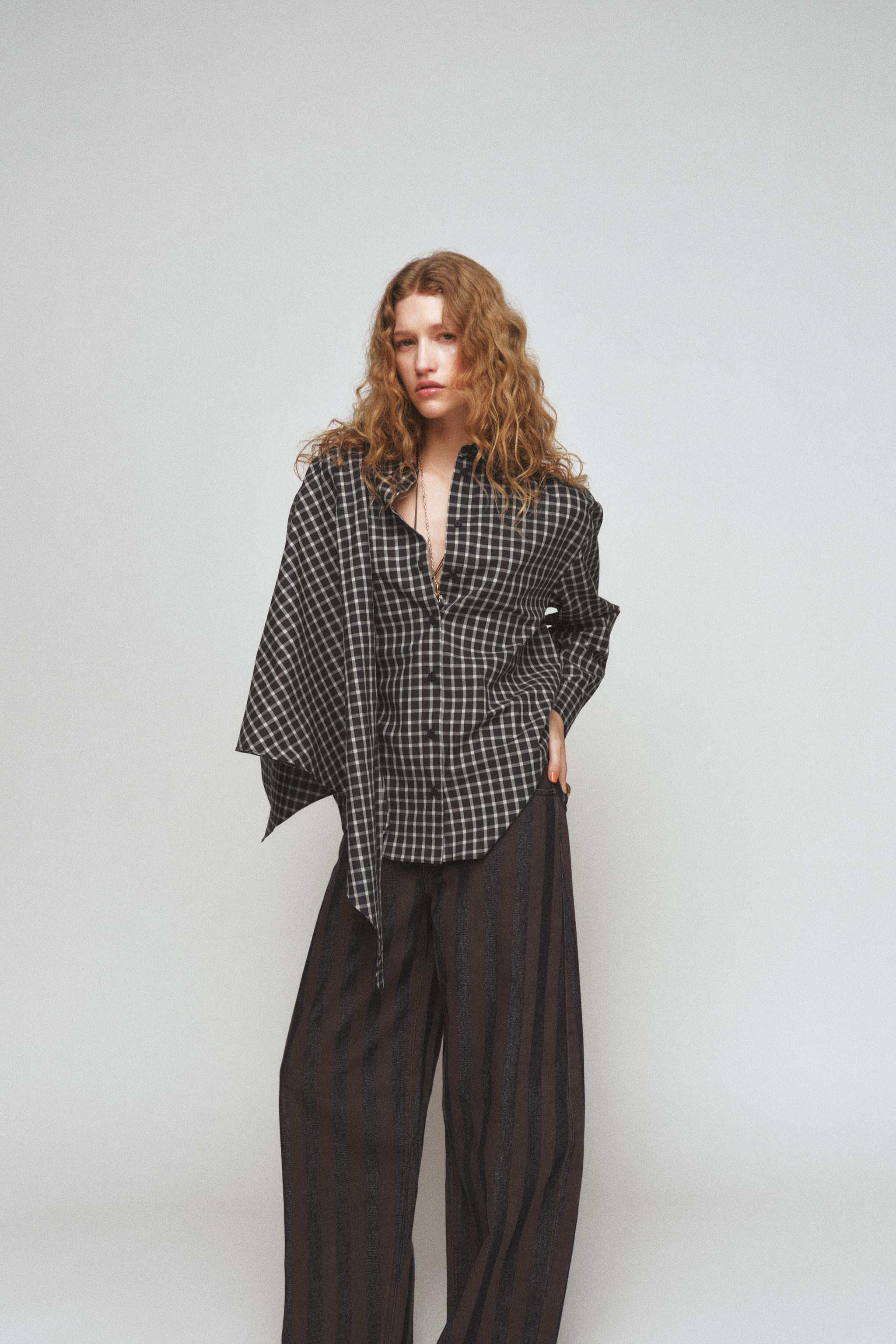 Plaid Shirt With Scarf Zw Collection