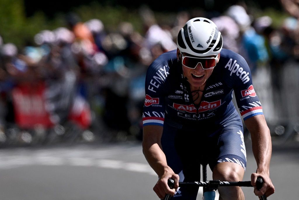 Team Alpecin Fenix Mathieu van der Poel of Netherlands rides ahead during the 2nd stage of the 108th edition of the Tour de France cycling race 183 km between PerrosGuirrec and Mur de Bretagne Guerledan on June 27 2021 Photo by AnneChristine POUJOULAT AFP Photo by ANNECHRISTINE POUJOULATAFP via Getty Images