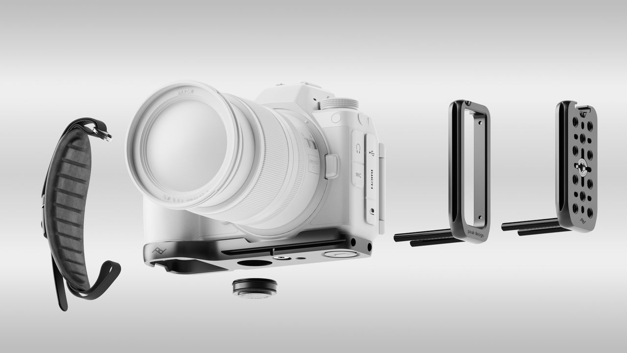 The Peak Design modular Field Bracket opn a gray background