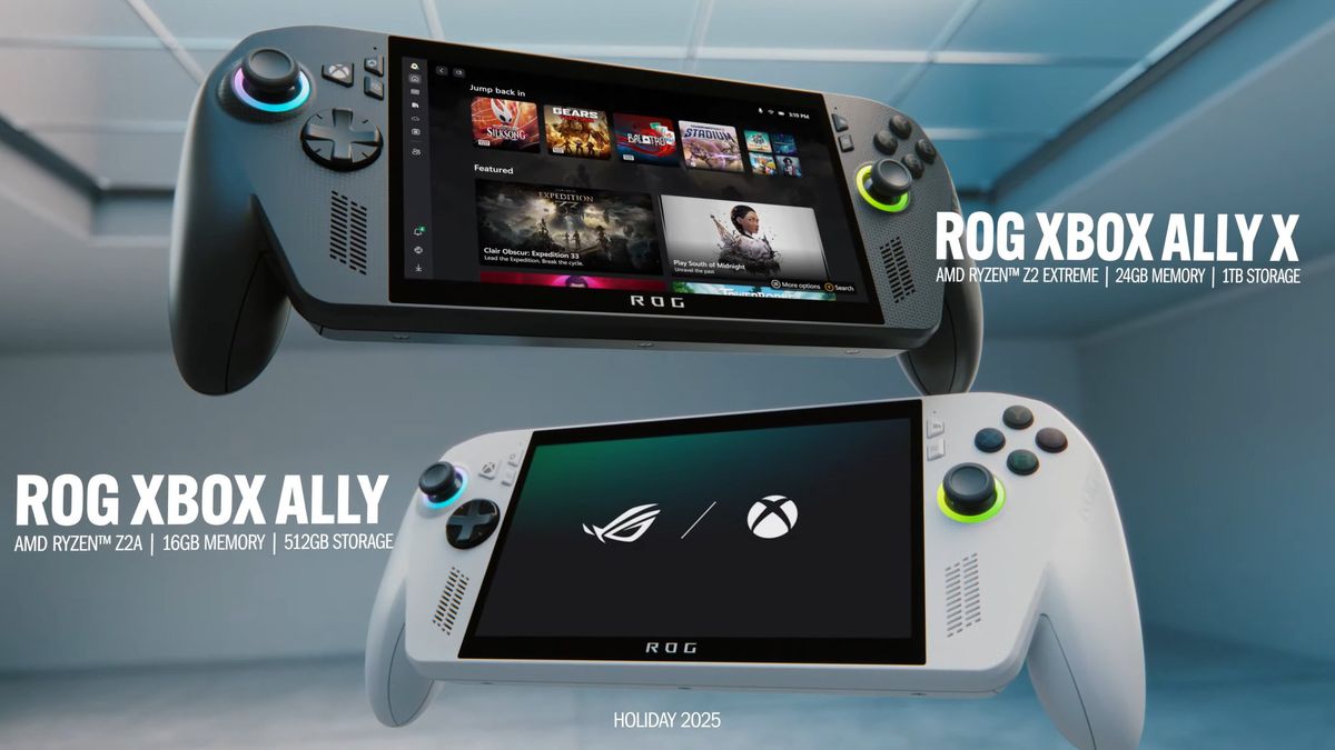 An ROG Xbox Ally X and Ally shown during Microsoft's Xbox stream in June 2025.