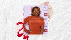 Charlene White is pictured wearing an orange dress and with a red aura manicure whilst attending the NTA's 2025 at The O2 Arena on September 10, 2025 in London, England/ featured in a white paper effect template with red and sheer pink nail polish spills.