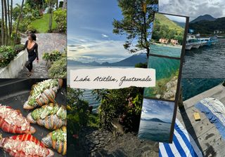 a collage of influencer imagery featuring Lake Atitlan, Guatemala