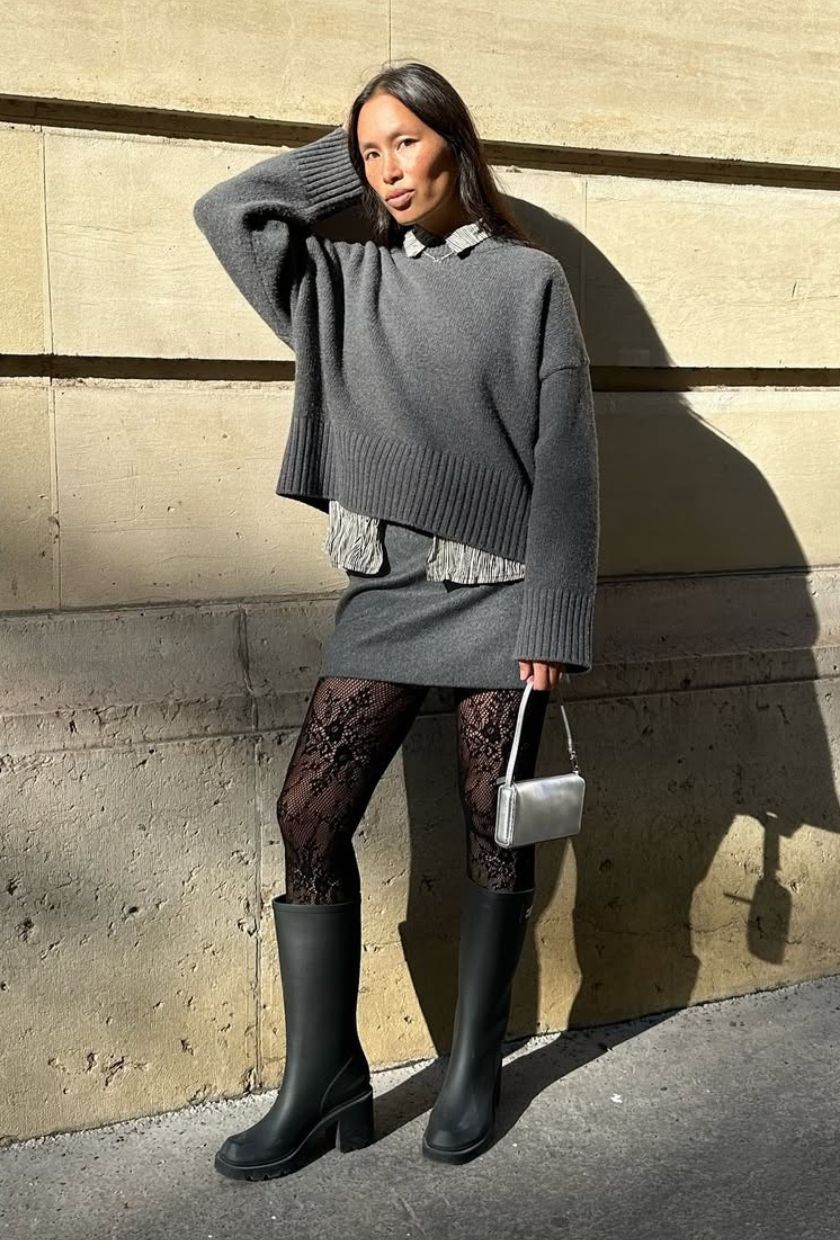 @vikilefevre wears a grey wool mini skirt, cashmere jumper, black lace tights and knee-high boots