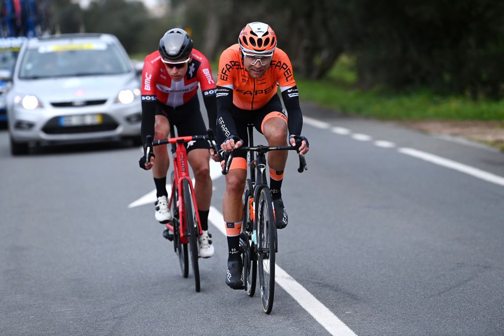 LAGOS PORTUGAL FEBRUARY 15 LR Alexander Kamp of Denmark and Tudor Pro Cycling Team and Aleksandr Grigorev of Russia and Efapel Cycling Team compete in the breakaway during the 49th Volta ao Algarve em Bicicleta 2023 Stage 1 a 2002km stage from Portimo to Lagos VAlgarve2023 on February 15 2023 in Lagos Portugal Photo by Tim de WaeleGetty Images