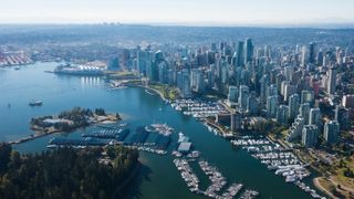 Aerial view of Vancouver's skyscrapers and waterways
