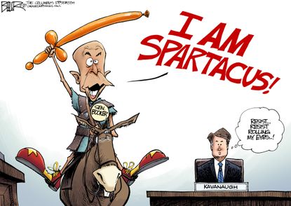 Political cartoon U.S. Brett Kavanaugh hearing Cory Booker Spartacus