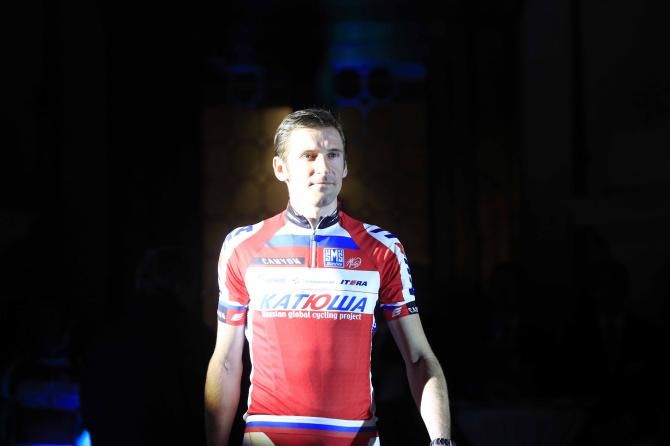 Denis Menchov (Katusha). Note the WorldTour emblem on his jersey...