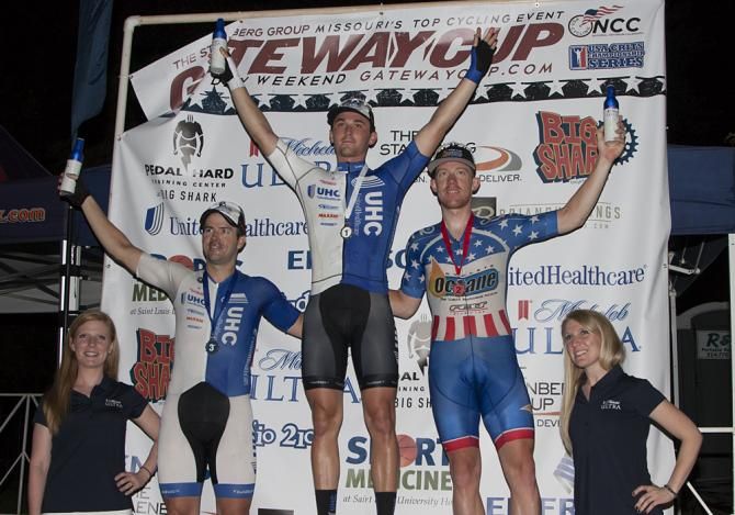 The men's podium (l-r): Ken Hanson (UnitedHealthcare), Luke Keough (UnitedHealthcare), Dan Holloway (Athlete Octane)