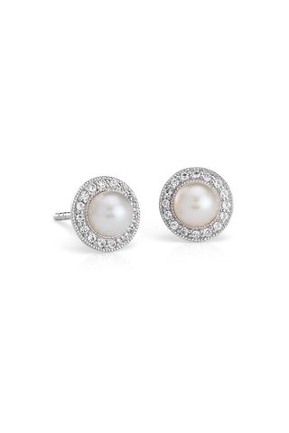 Blue Nile Vintage-Inspired Freshwater Pearl and White Topaz Halo Earrings