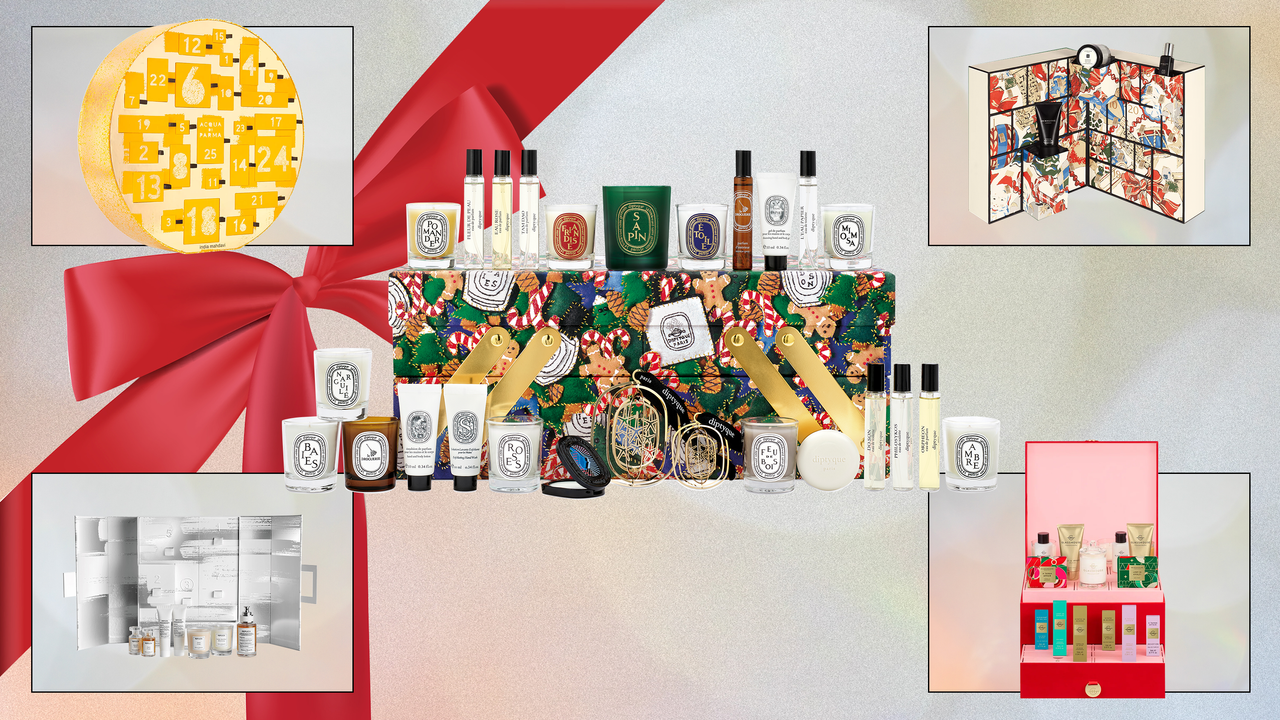 product collage of advent calendars from diptyque, maison margiela, glasshouse fragrances, jo malone london, acqua di parma overlaid a grey watercolor background with a red ribbon 