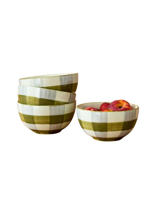 Elliot Hand-Painted Gingham Bowl, Set 4
Gray/Green
