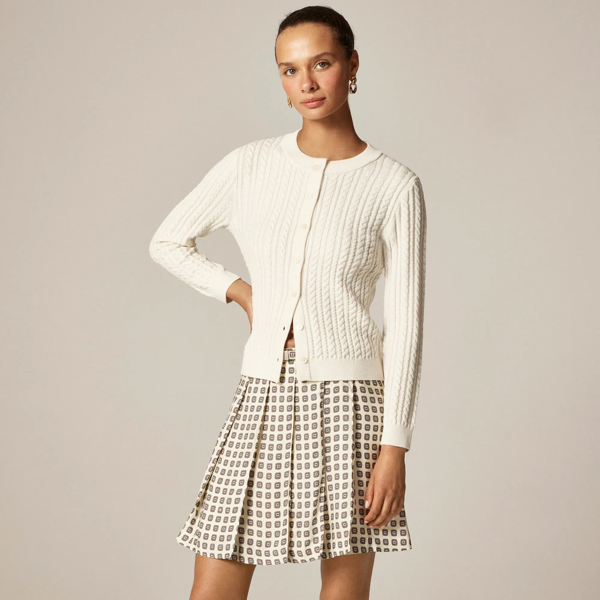 Cable-Knit Crewneck Cardigan in Merino Wool