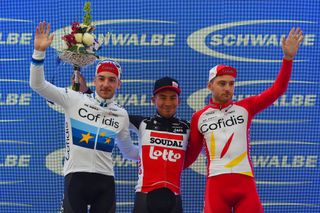 Lotto Soudal’s Caleb Ewan enjoys the applause of the home crowd after winning the 2020 Schwalbe Classic from Cofidis duo Elia Viviani (left) and Simone Consonni