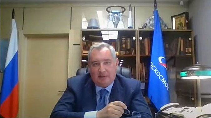 Roscosmos chief Dmitry Rogozin speaks virtually at the 71st International Astronautical Congress on Oct. 12, 2020.