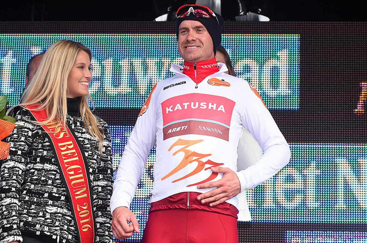 Alexander Kristoff (Katusha) pulls on the leader's jersey