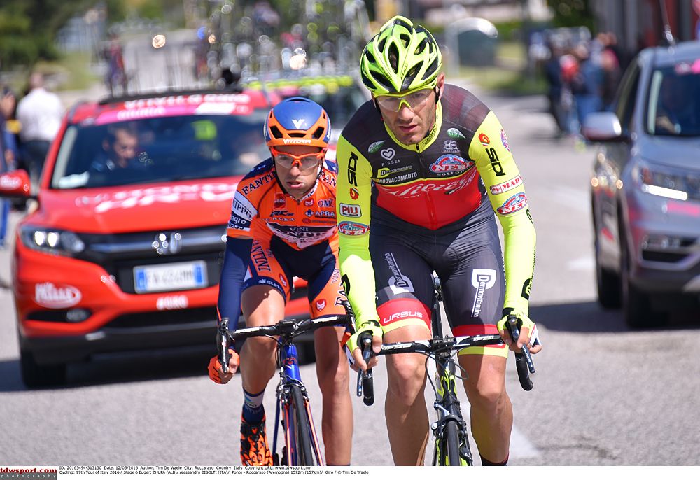 The initial two breakaway riders: Alessandro Bisolti (Nippo - Vini Fantini) and Eugert Zhupa (Wilier Trestina-Southeast)