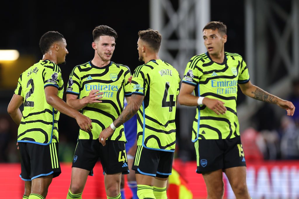 Arsenal vs Fulham live stream Declan Rice of Arsenal interacts with his team mates during the Premier League match between Crystal Palace and Arsenal FC at Selhurst Park on August 21, 2023 in London, England. (Photo by Jacques Feeney/Offside/Offside via Getty Images)