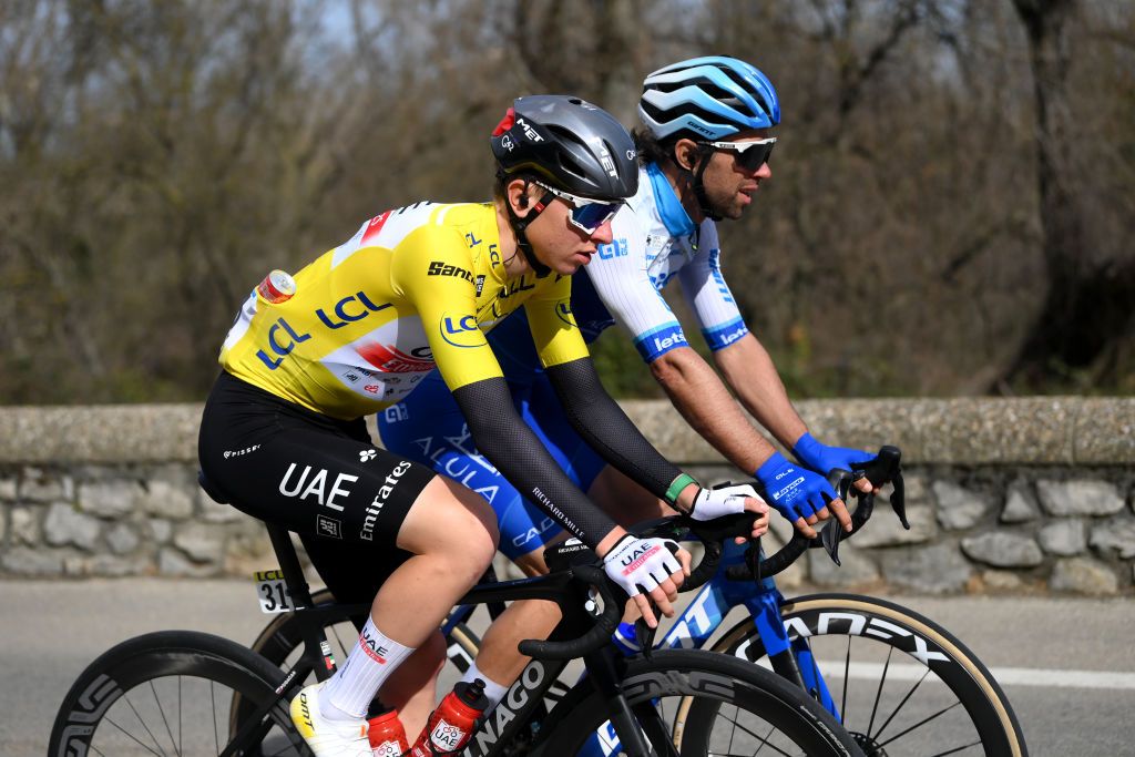 SAINTPAULTROISCHTEAUX FRANCE MARCH 09 LR Tadej Pogacar of Slovenia and UAE Team Emirates Yellow Leader Jersey and Michael Matthews of Australia and Team Jayco Alulacompete during the 81st Paris Nice 2023 Stage 5 a 2124km stage from SaintSymphoriensurCoise to SaintPaulTroisChteaux UCIWT ParisNice on March 09 2023 in SaintPaulTroisChteaux France Photo by Alex BroadwayGetty Images