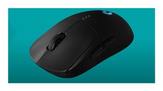 Logitech gaming mouse on a blue background.