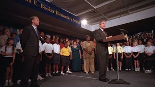 president george w bush delivers remarks to the nation regarding the terrorist attacks on us soil tuesday, sept 11, 2001, from emma e booker elementary school in sarasota, fla photo by eric draper, courtesy of the george w bush presidential librarygetty images