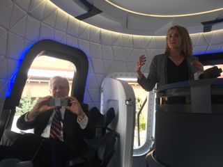 Ariane Cornell, head of astronaut strategy and sales for Blue Origin, talks about the interior of the New Shepard human spaceflight capsule at the 33rd annual Space Symposium.