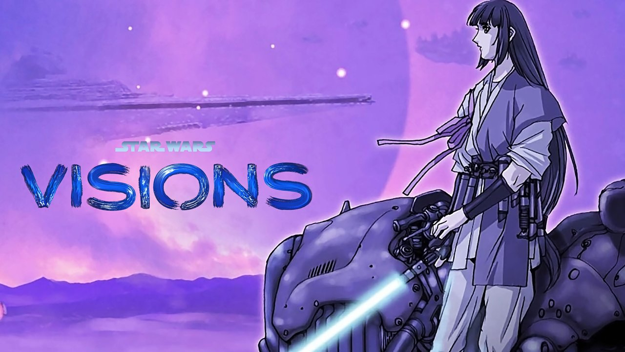 En kriger med et lyssværd i hånden med en lilla stjernehimmel i baggrunden i Star Wars Visions