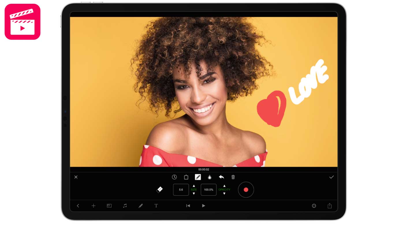 Filmmaker pro screenshot on iPad plus logo in top left corner