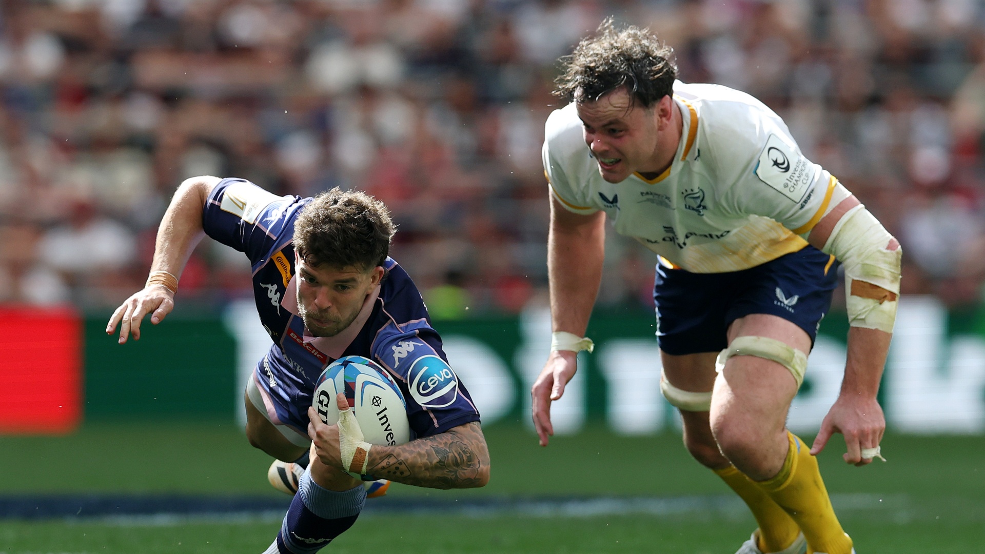 Bordeaux Begles' Matthieu Jalibert and Leinster's James Ryan in action in the European Rugby Champions Cup final on May 23, 2026