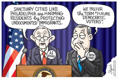 Political cartoon U.S. Sessions sanctuary cities immigration Kenney voters