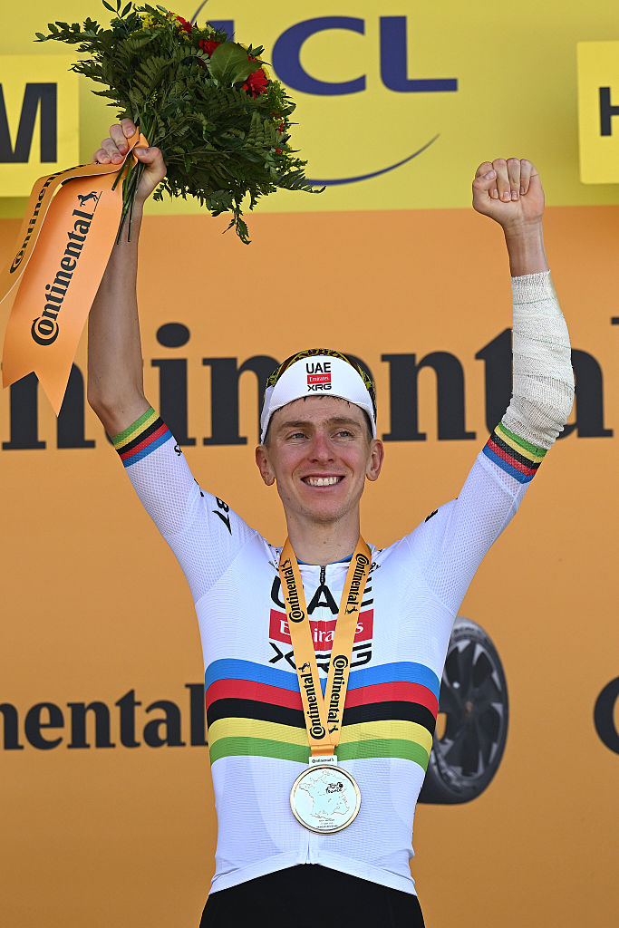 HAUTACAM, FRANCE - JULY 17: Tadej Pogacar of Slovenia and UAE Team Emirates - XRG celebrates at podium as stage winner during the 112th Tour de France 2025, Stage 12 a 180.6km stage from Auch to Hautacam 1519m / #UCIWT / on July 17, 2025 in Hautacam, France. (Photo by Tim de Waele/Getty Images)