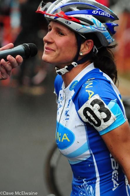 Katerina Nash (Luna Pro Team) being interviewed at the finish