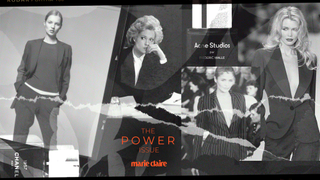 A montage of black and white imagery, including catwalk images of models in the 80's and 90's, including Claudia Schiffer, Helena Christensen and Kate Moss, collaged with a still from Working Girl and bottles of perfume artfully layered, with the words THE POWER ISSUE and the Marie Claire logo in a bright bold orange colour