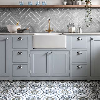 Kitchen floor tile ideas with patterned floor tiles and blue cabinets