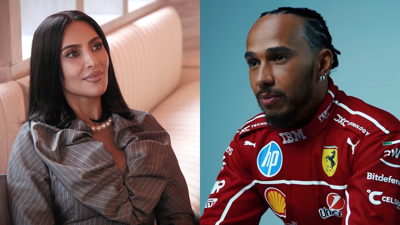 Kim Kardashian is shown in a scene from All's Fair, and Lewis Hamilton is shown in an interview with Ferrari.